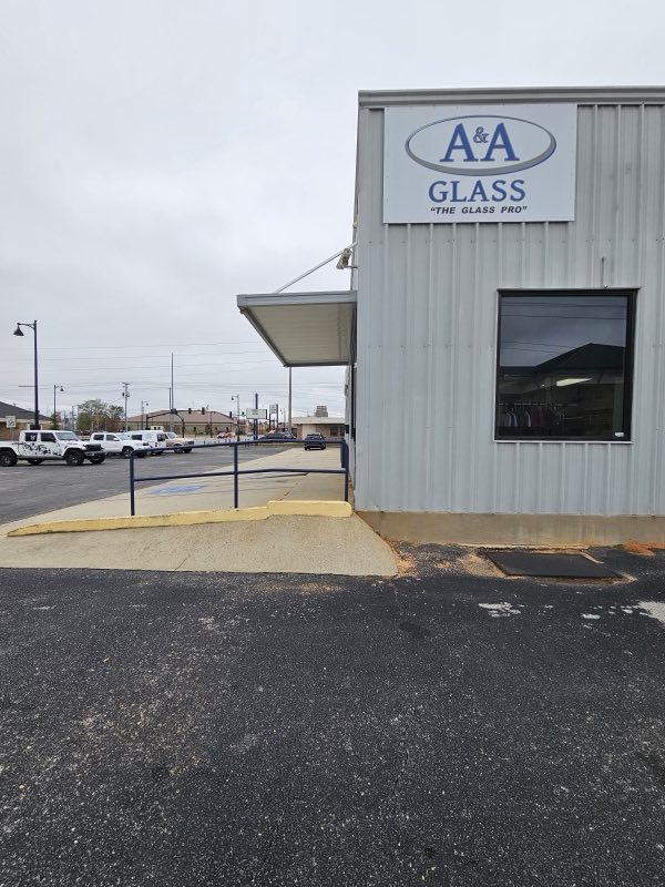 The A&A Glass corner sign and office entrance