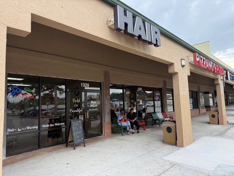 Bold En' Beautiful storefront under the HAIR sign, window reading Hair, Waxing, Walk-Ins Welcome
