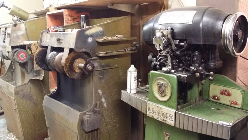 Vintage Landis cobbler finishing and buffing machines inside the workshop