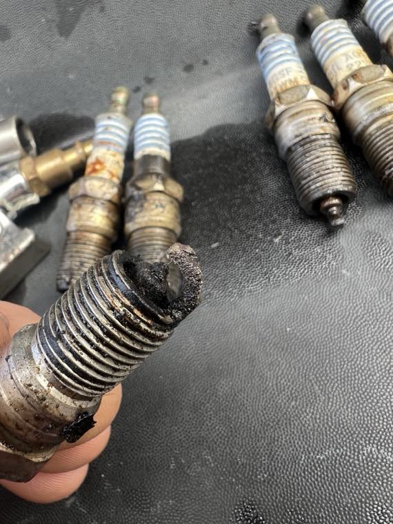 Old fouled spark plugs laid next to clean new plugs during a diagnosis