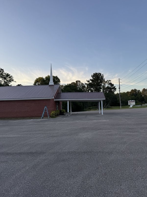 Brown metal roof on a church building