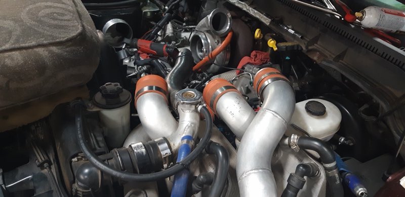 Twin-turbo diesel engine bay close-up